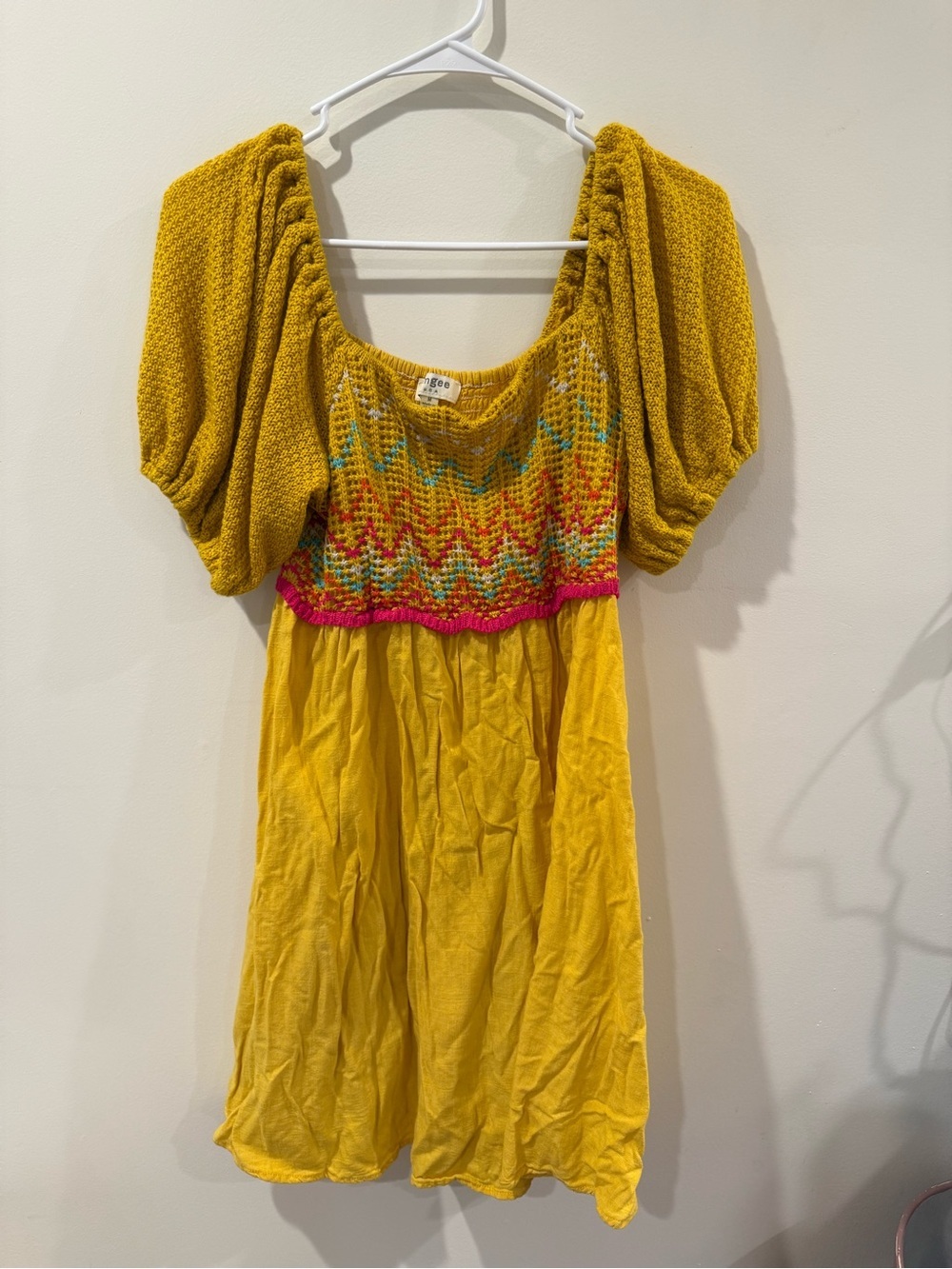 Umgee Yellow Multicolor Crochet Bodice Puff Sleeve Dress